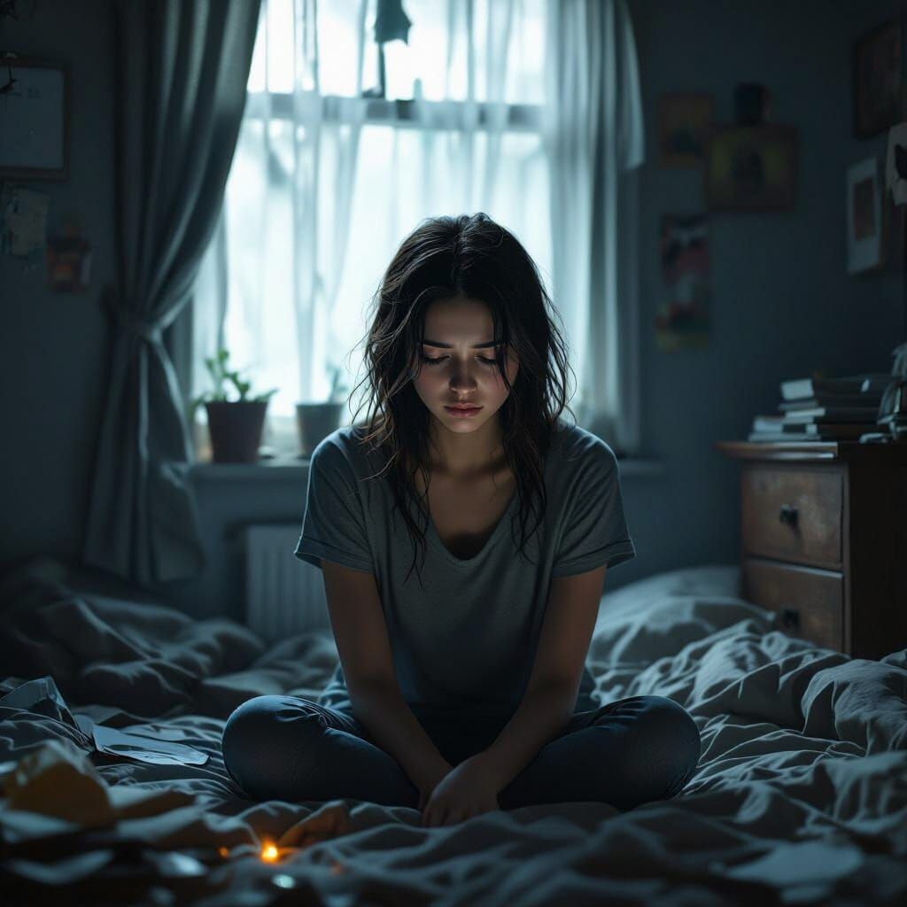 Hyperrealistic Portrait of a Sad Woman in Moody Room