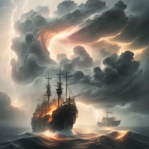 Burning Ship Struck by Lightning on Stormy Sea
