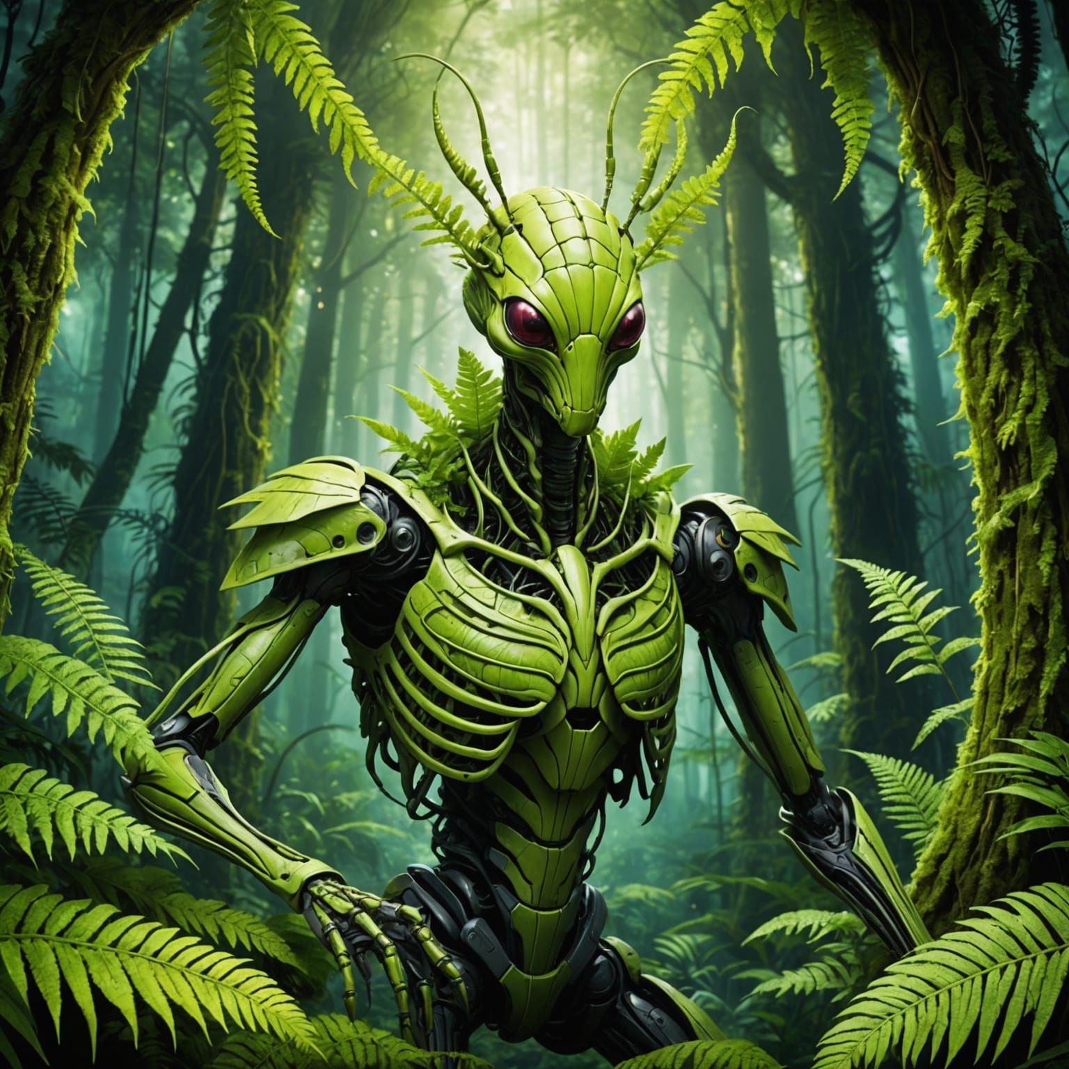 Mantis Merging with Biomechanical Fern, Anime Manga Style