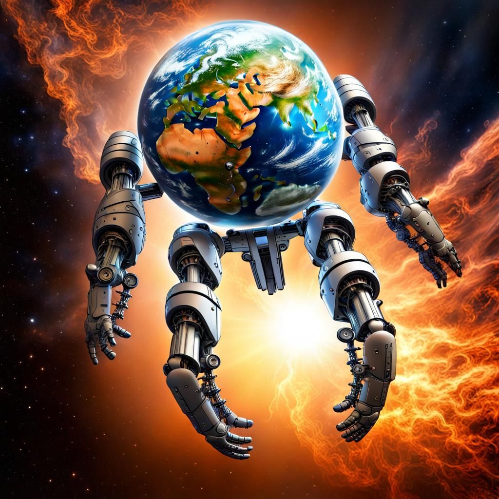 robotic hand throwing a massive earth from below, HDR, High Definition, High Resolution, 64 Megapixel, Intricate, Highly...