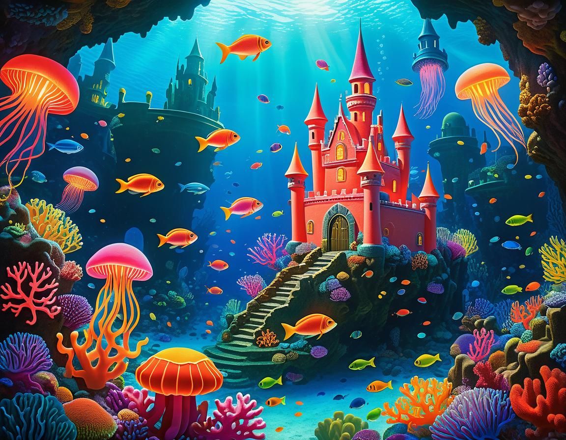 Underwater Castle Surrounded by Surreal Coral Reef
