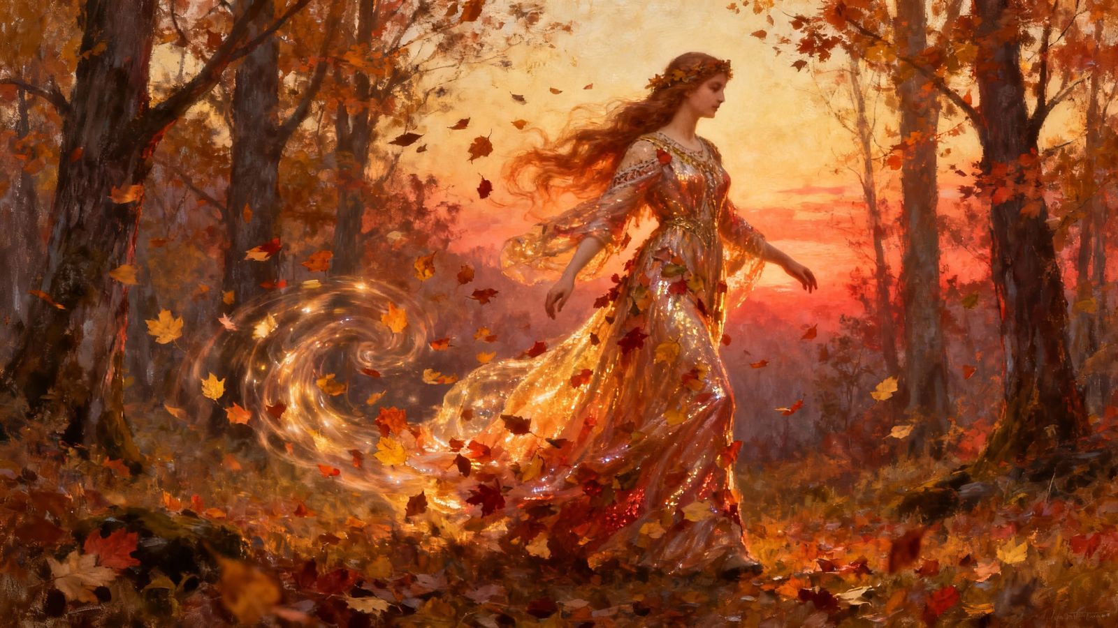 Slavic Goddess Lelya in Autumn Forest at Sunset