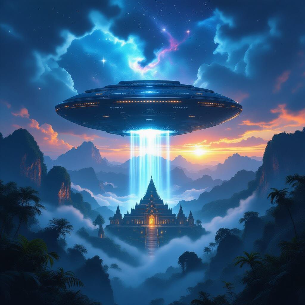 Levitating Mega-Ark Above Jungle Temple, Hyperrealistic Art