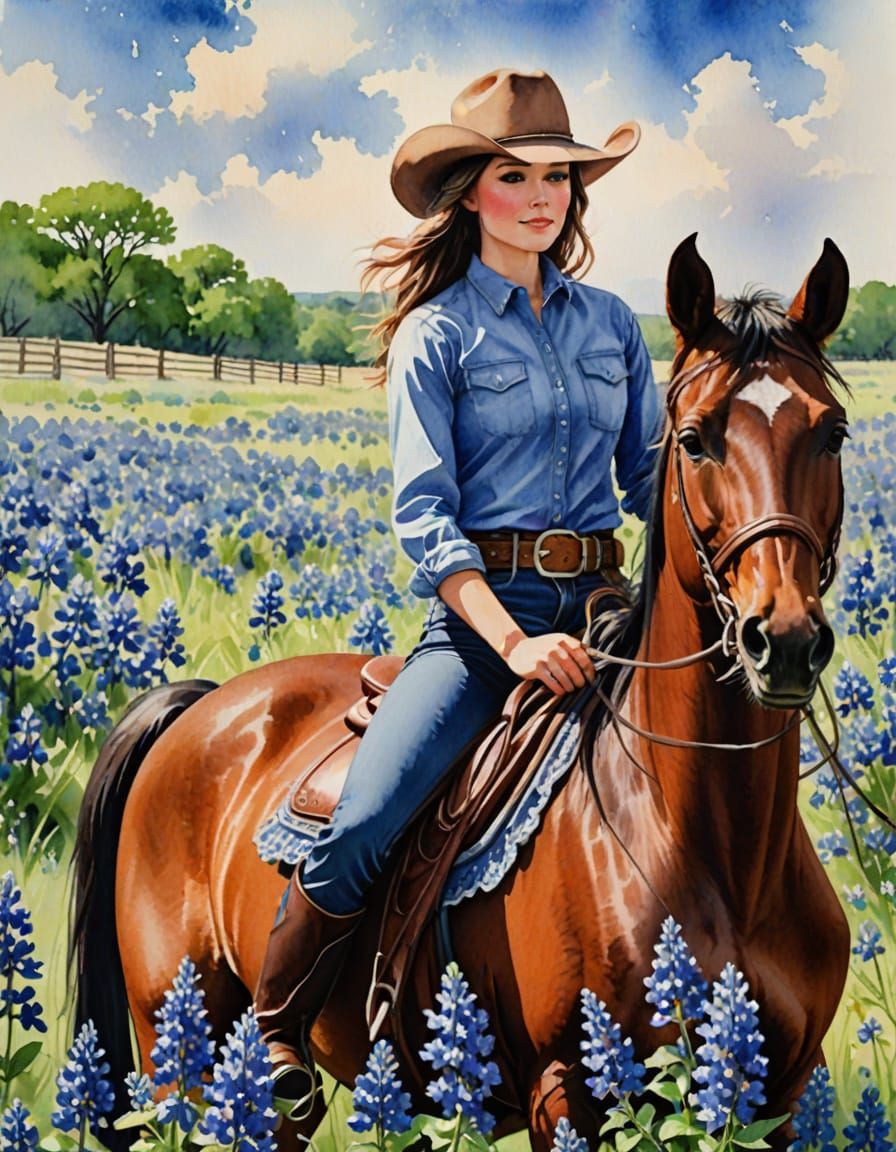 Romantic Western Watercolor of a Young Cowgirl on Horseback