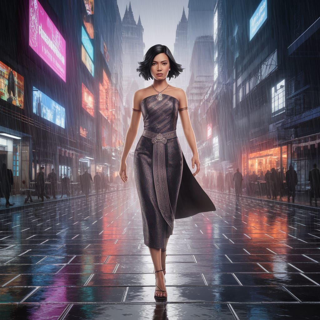 Thai Woman in Cyberpunk City with Time Portal