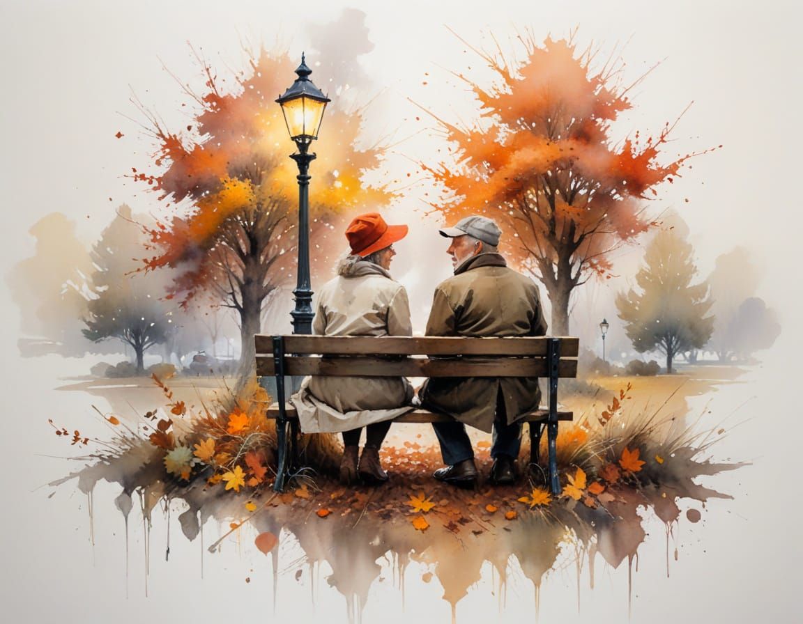 Serene Autumn Painting of Couple in Warm, Nostalgic Glow