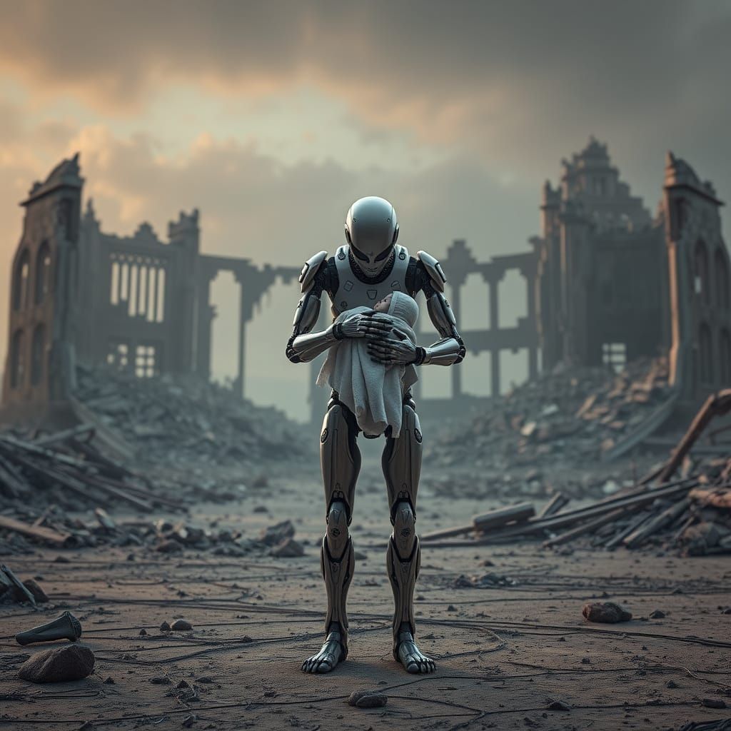 AI Robot Guardian in Ruined Cityscape
