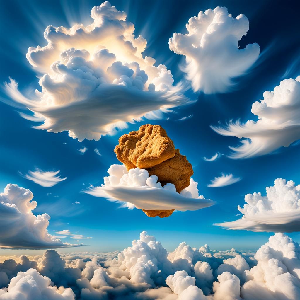 Surreal Chicken Nugget Clouds in Dreamlike Sky