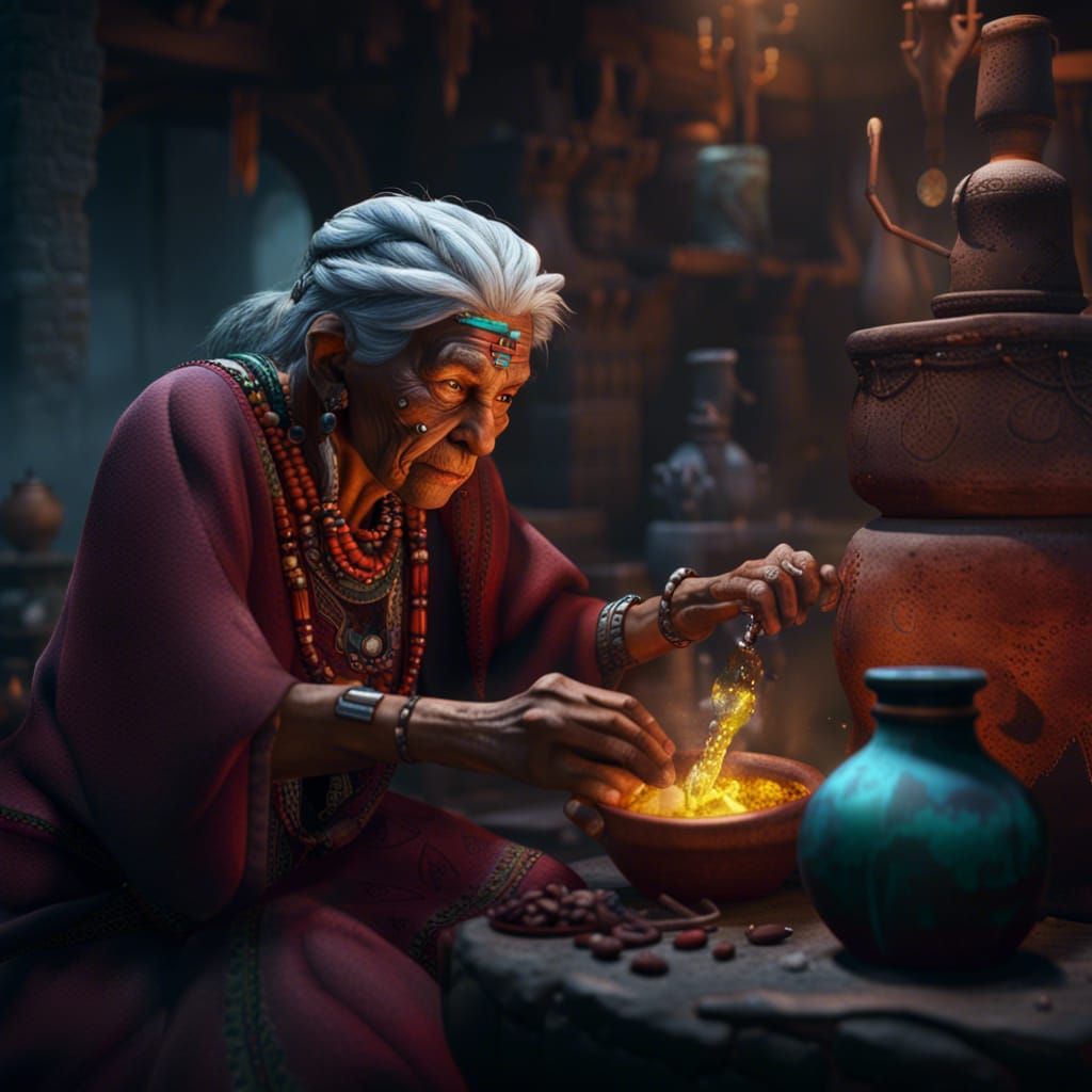 Aztec Woman Brews Potion: Detailed Fantasy Art