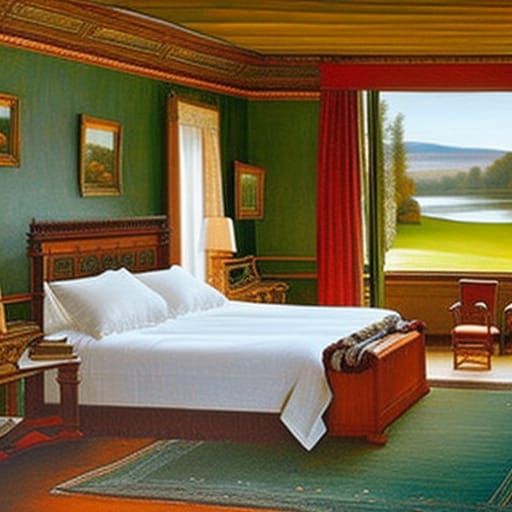 Luxurious Bedroom in Country Manor: Pre-Raphaelite Painting