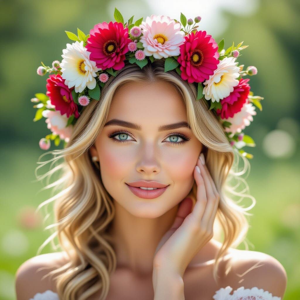 Woman with Flower Crown in Art Nouveau Style