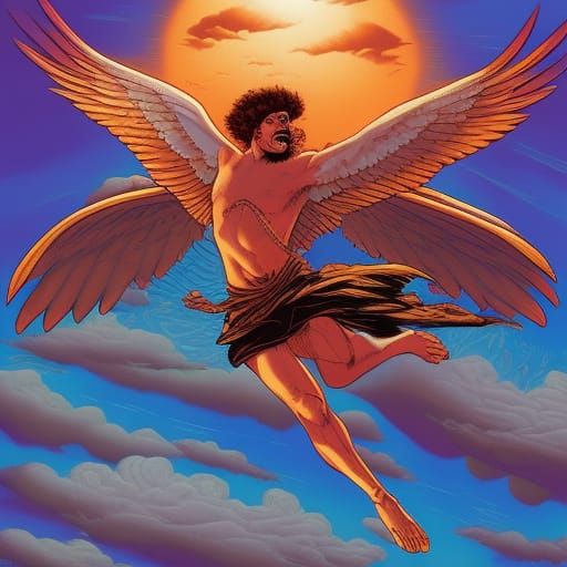 Egyptian Bird God Flying in Clouds: Comic Book Art