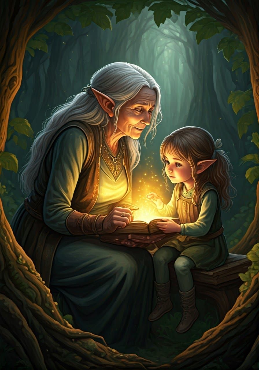 Grandmother Elf Shares Forest Magic with Her Curious Grandda...