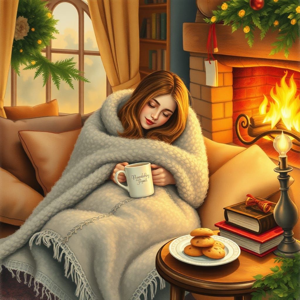 Cozy Evening: Woman by Fireplace in Watercolor Style