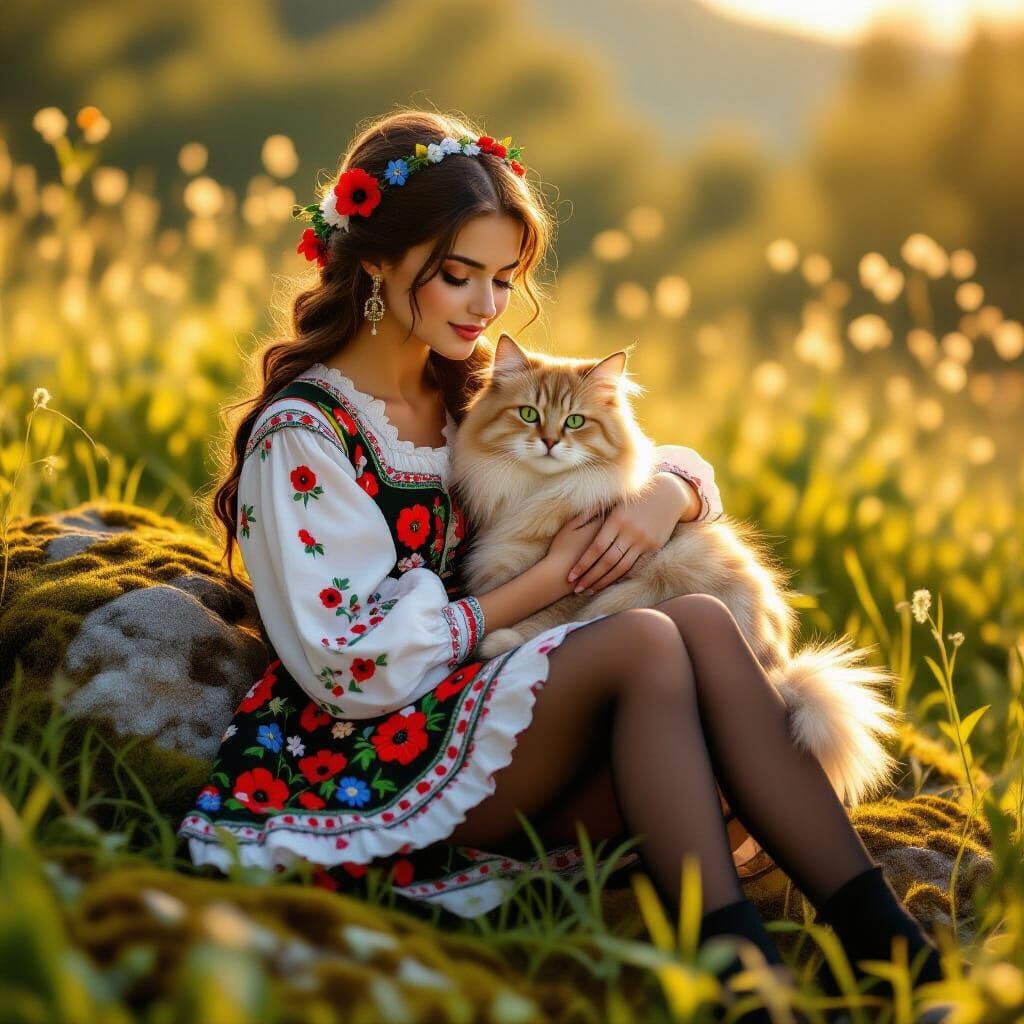 Woman in Macedonian Costume with Cat in Meadow