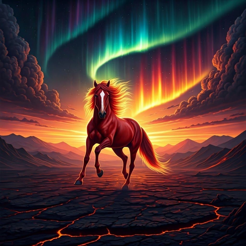 Majestic Red Horse Gallops Through Blazing Volcanic Landscap...