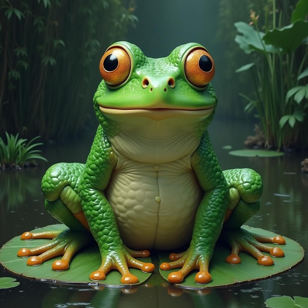 Lush Green Frog on Lily Pad: Dreamlike Illustration
