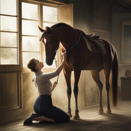 Woman Mounting Horseback: Equestrian Harmony