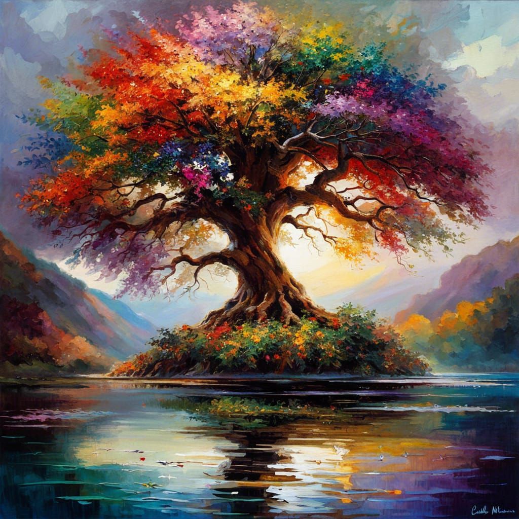 Multicolor Tree of Life in Impressionist Style