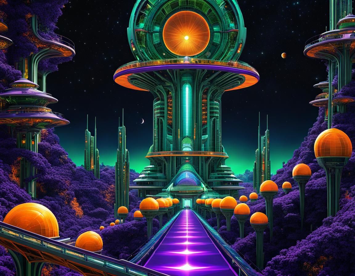 Teslapunk Arcology in Fractal RetroSF Style