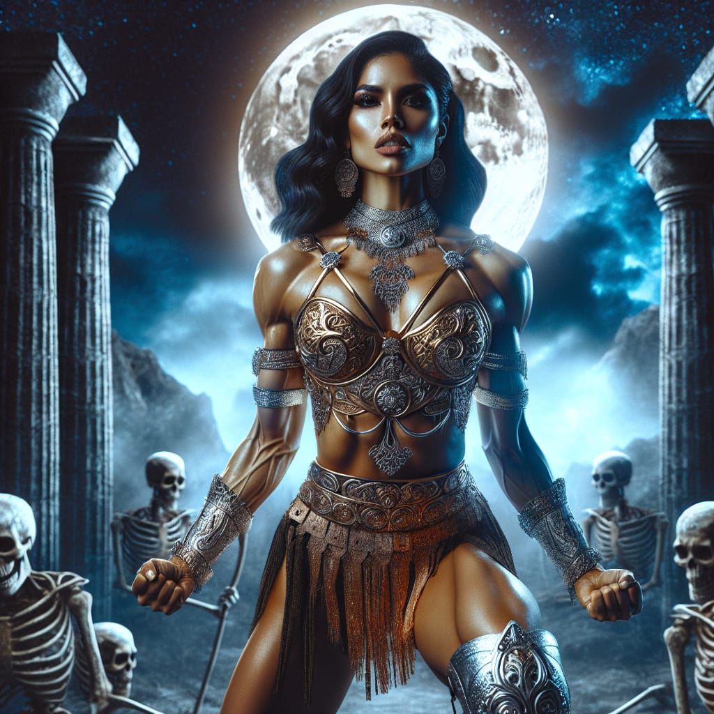 Latina Warrior Crushes Skeletons Under Moonlight