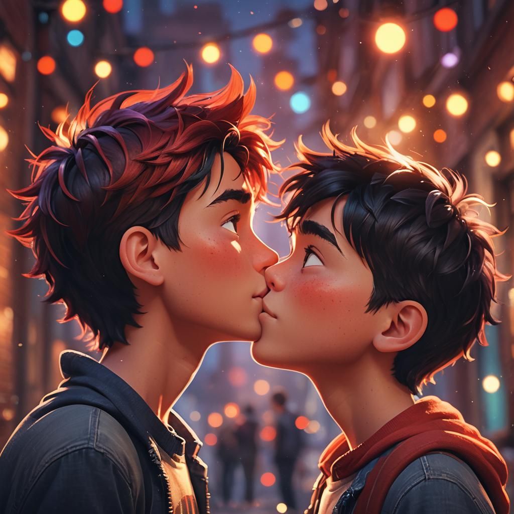 Boys' Tender Kiss in Pixar-Style 3D Art