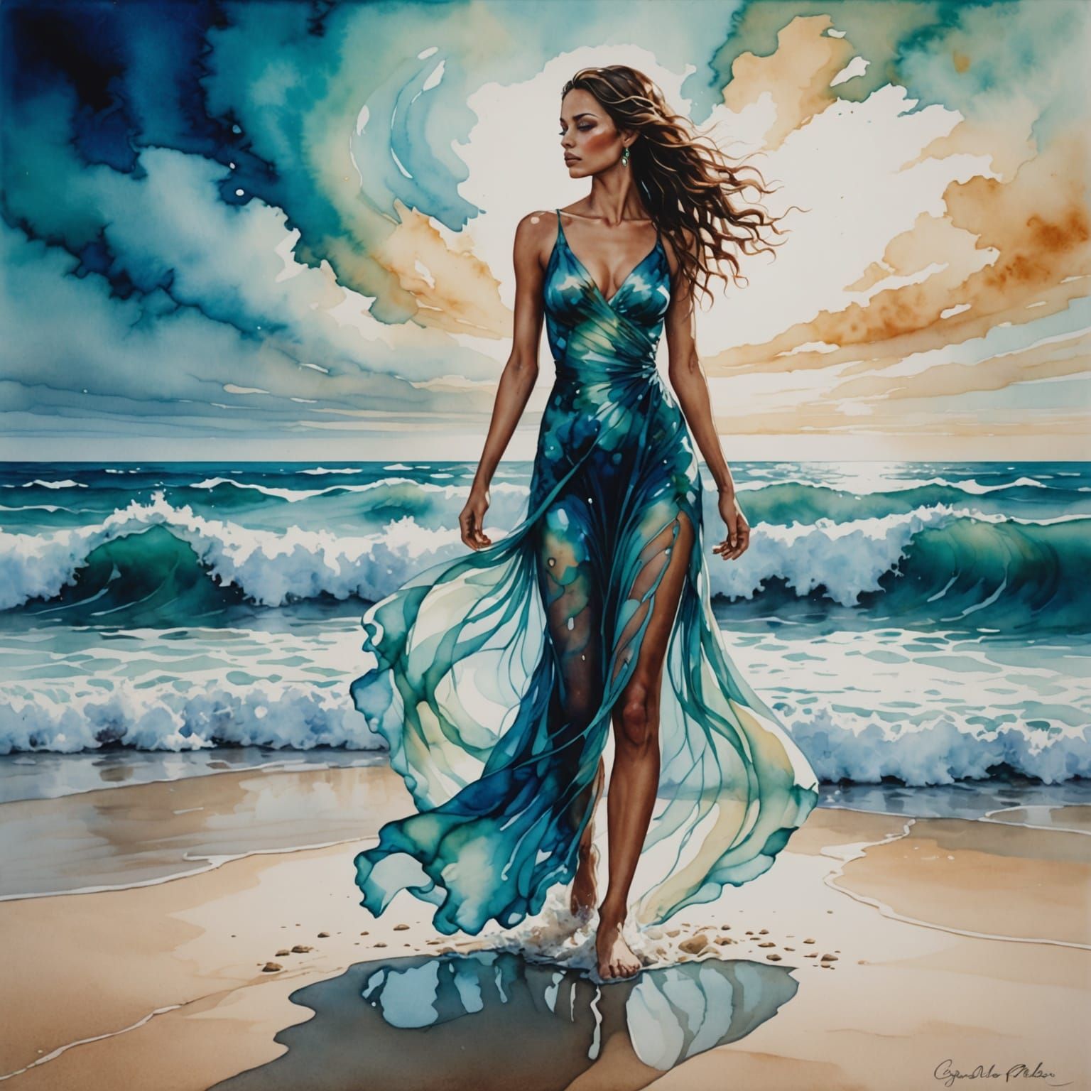 Whimsical Woman Emerging from Swirling Ocean Tides in Dreamy...
