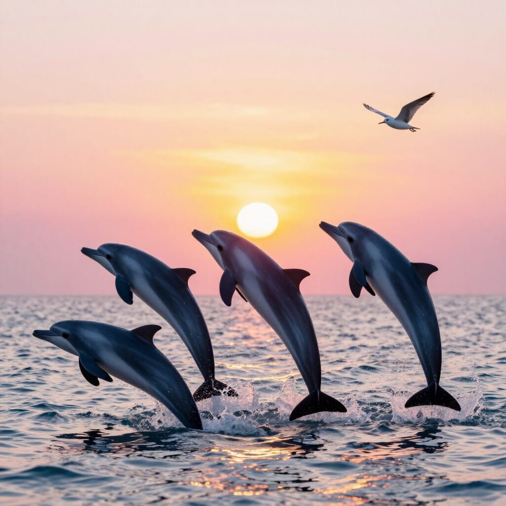 Dolphins Play in Pink Sky with Bright Sun and Birds
