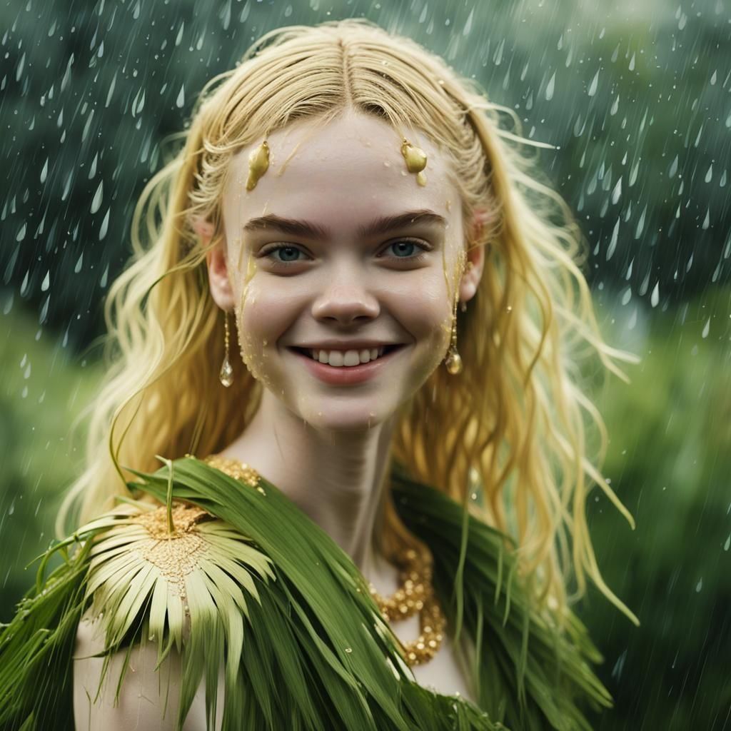 Elle Fanning in Golden Makeup in the Rain