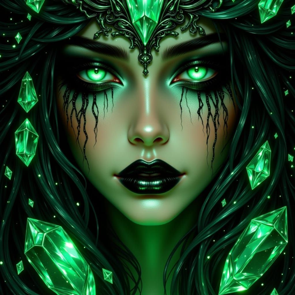 Mystical Woman With Black And Green Lips In Digital Painting...