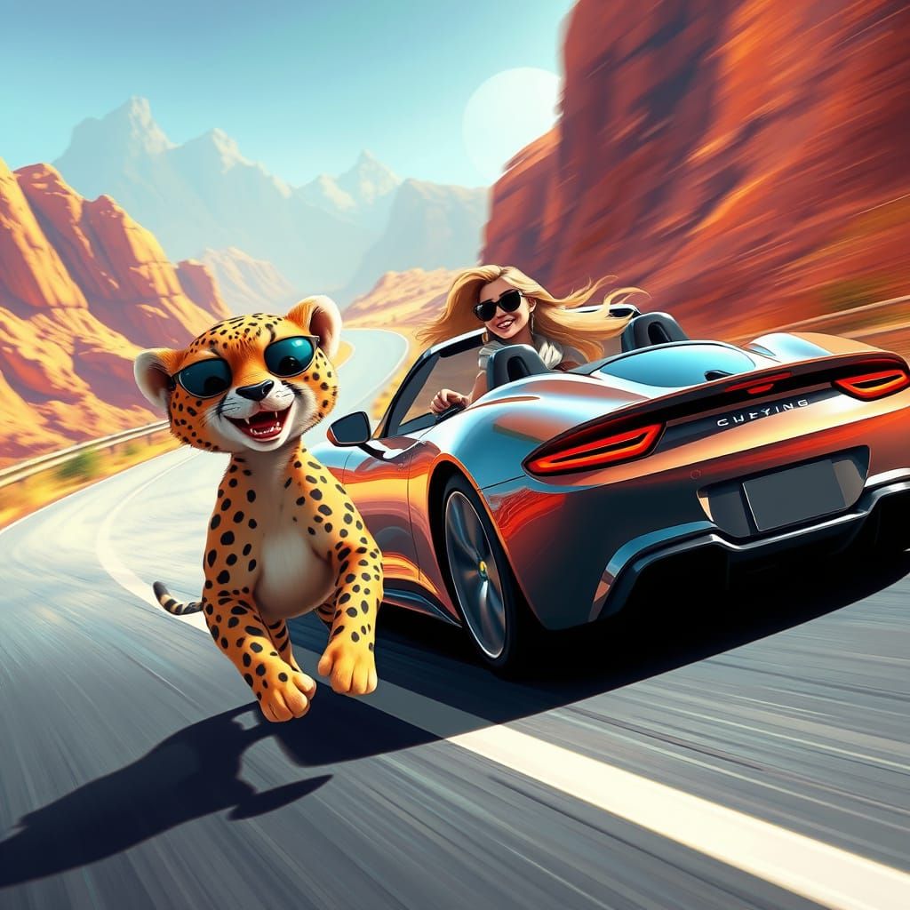 Fantastical Cheetah Speeds Alongside Luxury Sports Car in Wh...