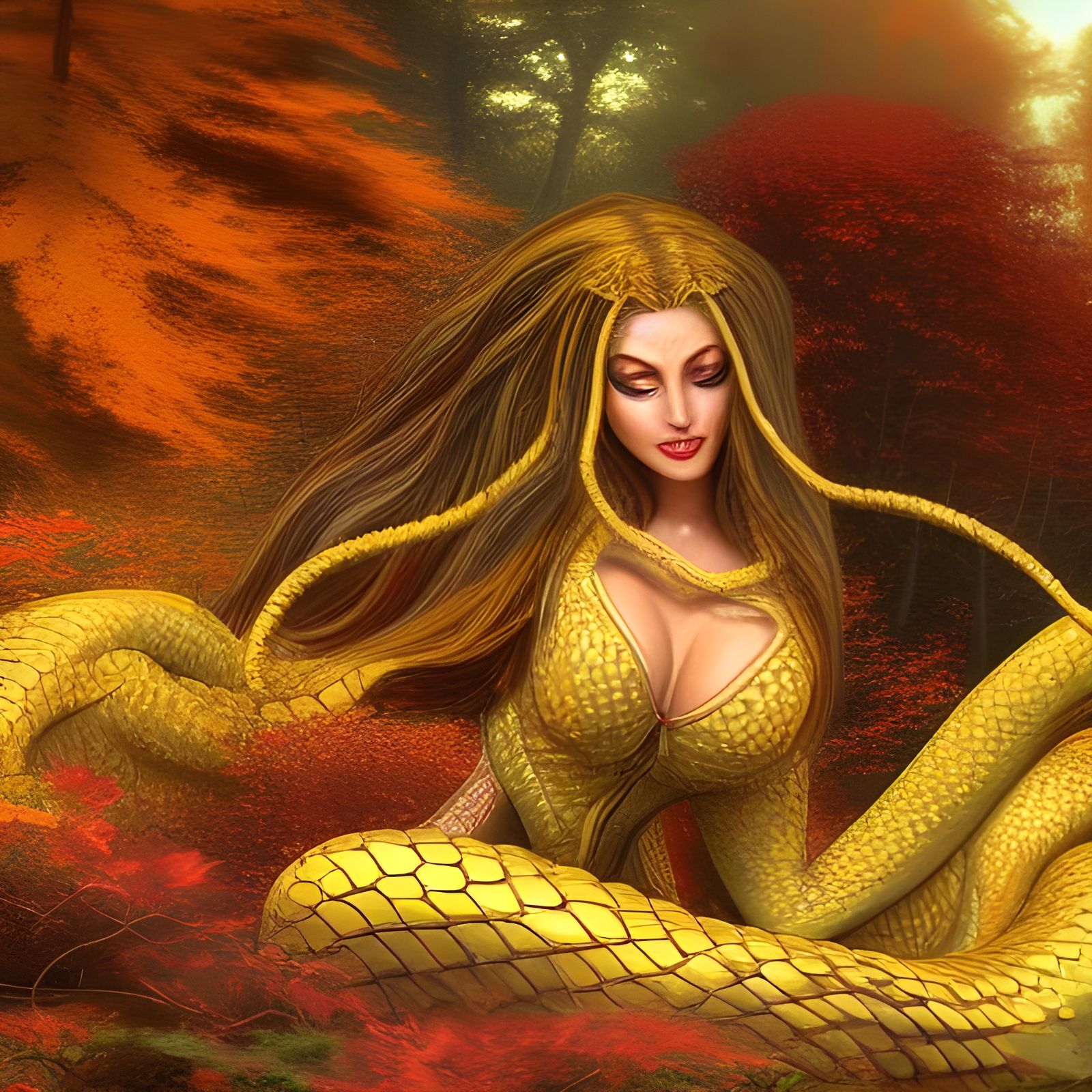 Lamia in Autumn Forest, Fantasy Art