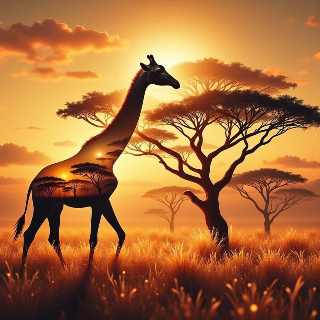 Giraffe Silhouette Filled with African Sunset