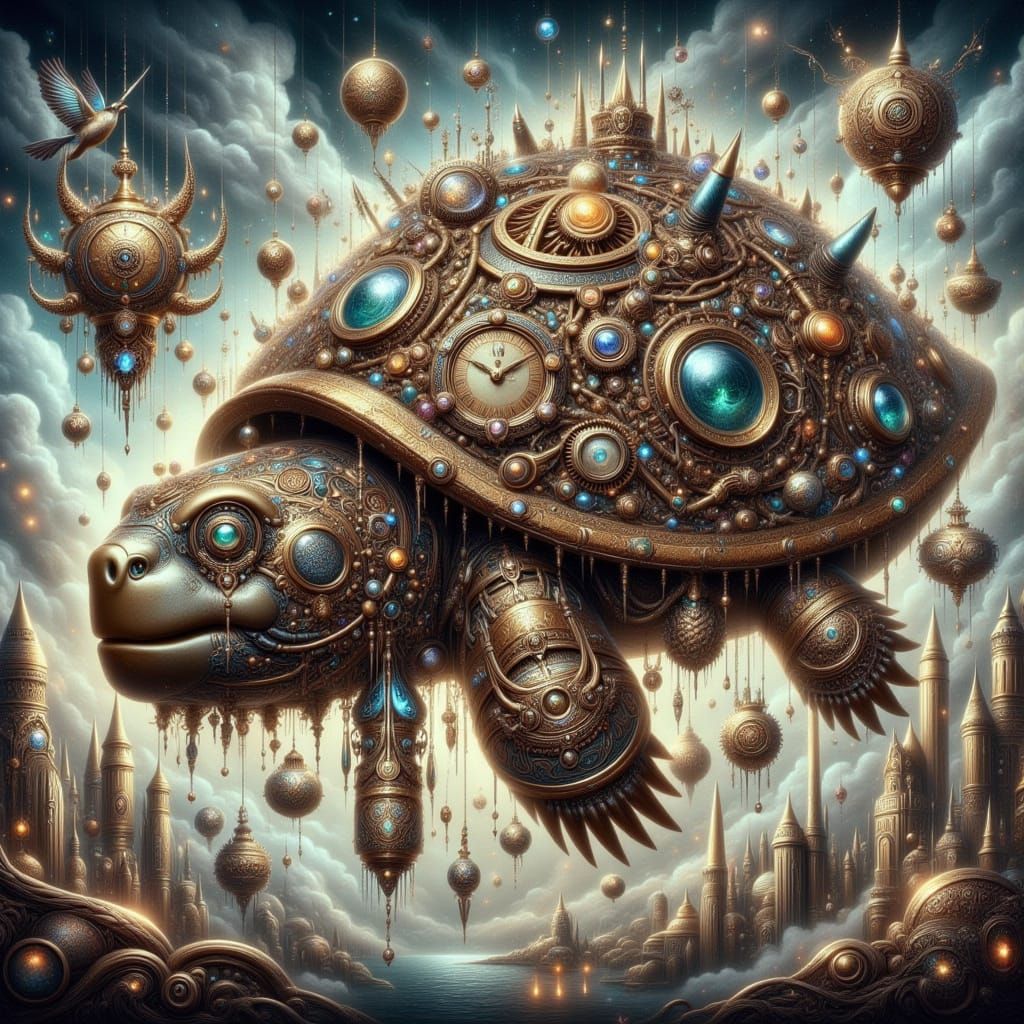 Steampunk Turtle Airship Soaring Above Victorian City