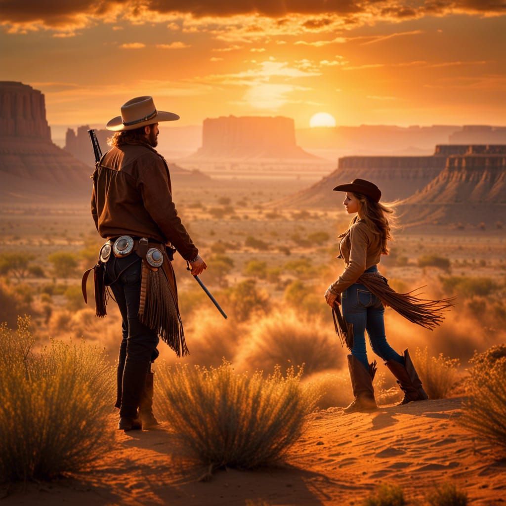 Cowboy vs Cowgirl Sunset Showdown in Desert