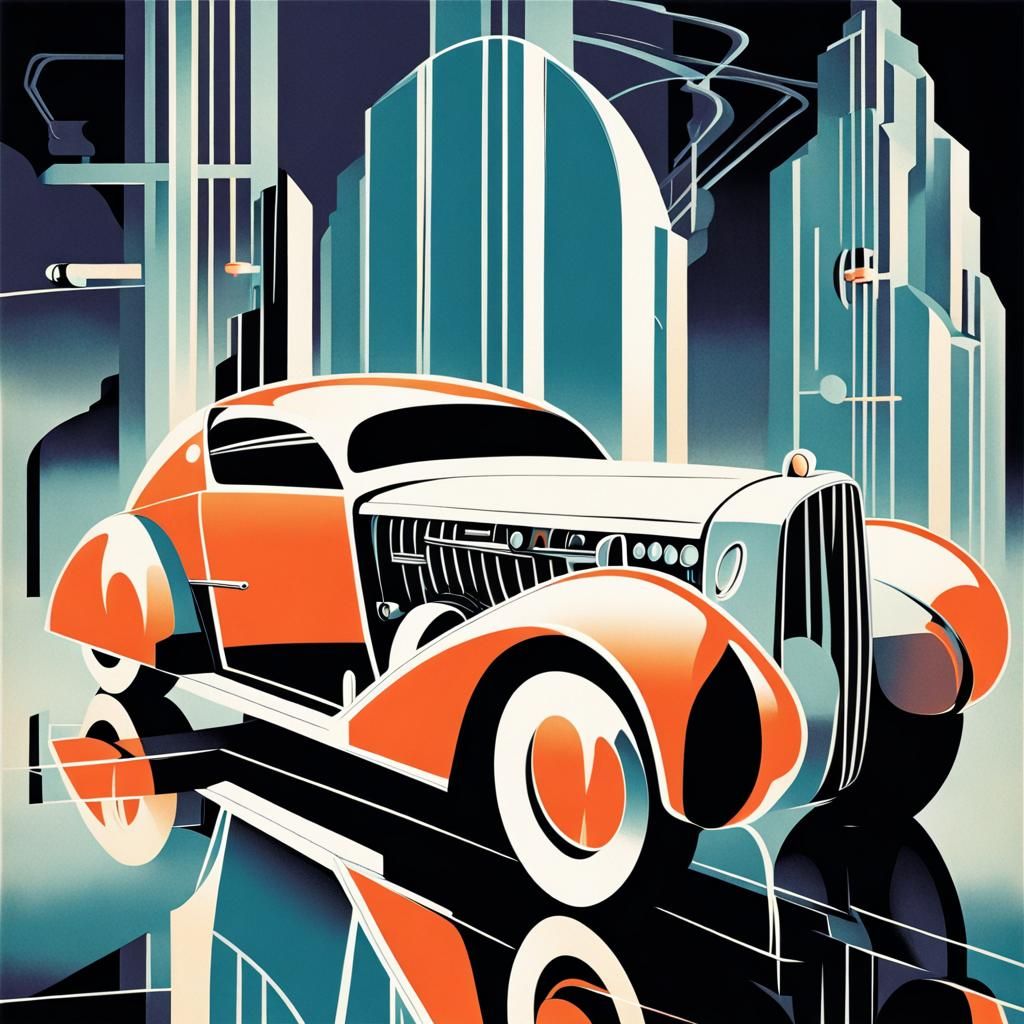 1930s Cyberpunk Car Art Deco Illustration