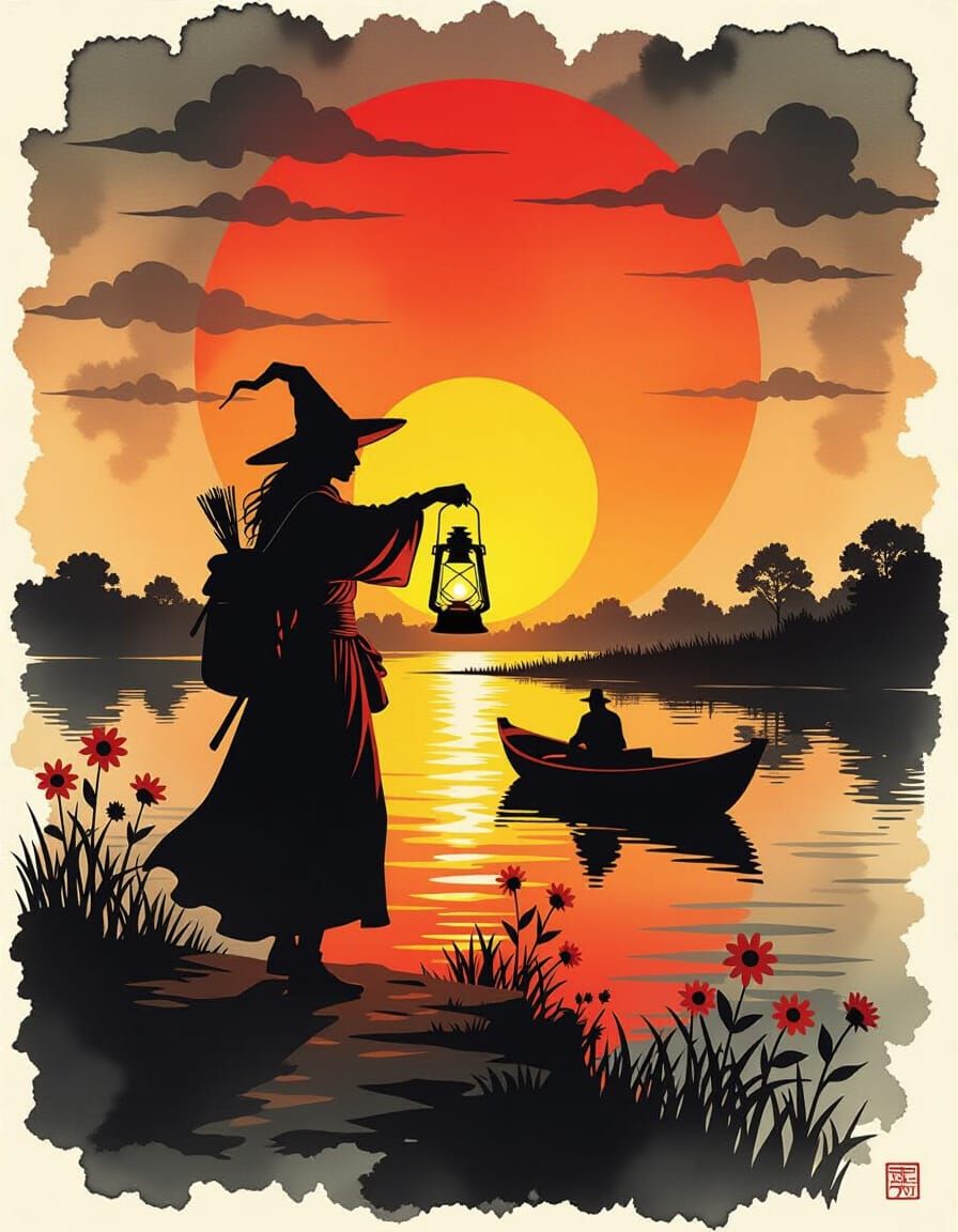 Steampunk Traveler with Lantern in Ink Painting Style