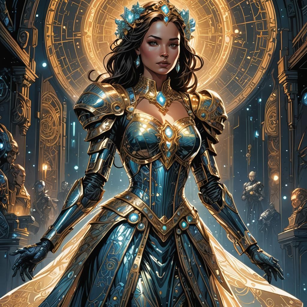 Regal Cybernetic Noblewoman in Luminescent Gown