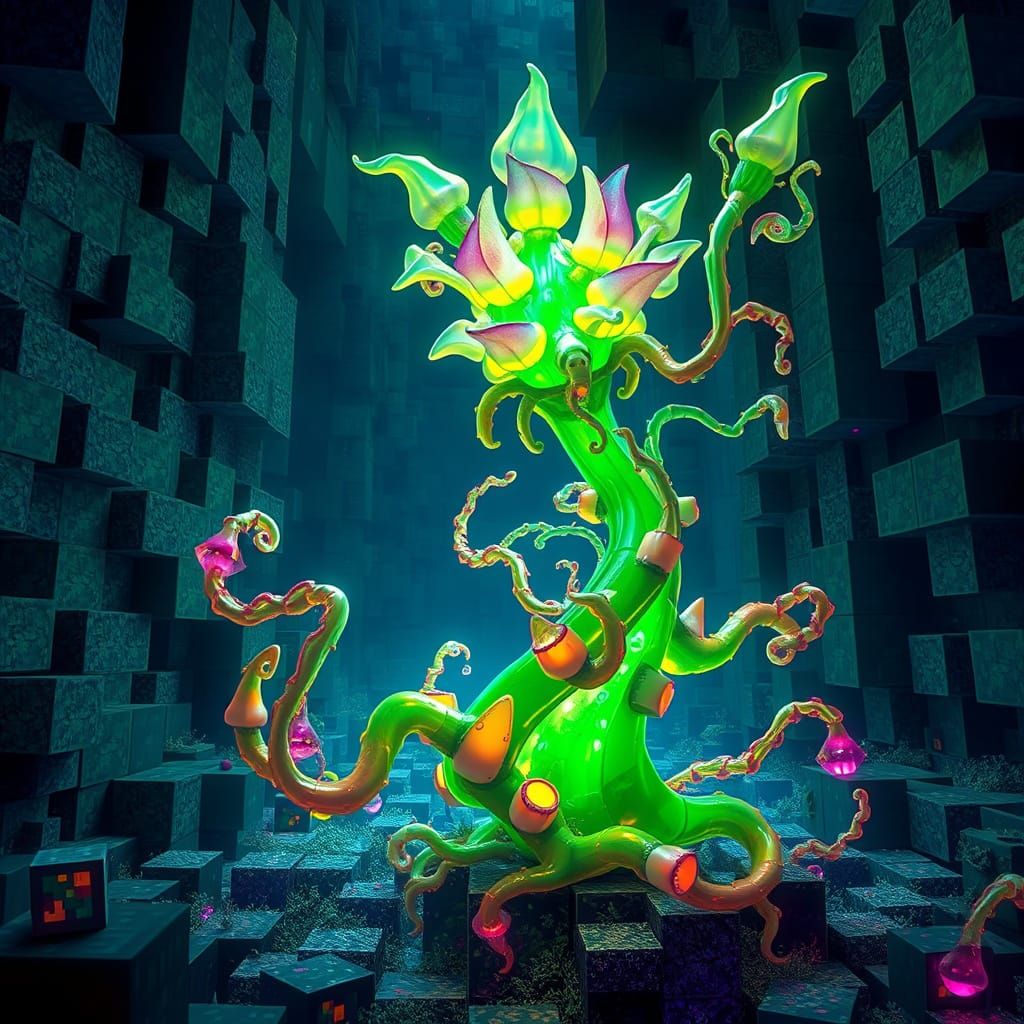 Minecraft Biomechanical Plant in Vibrant, Iridescent Bloom