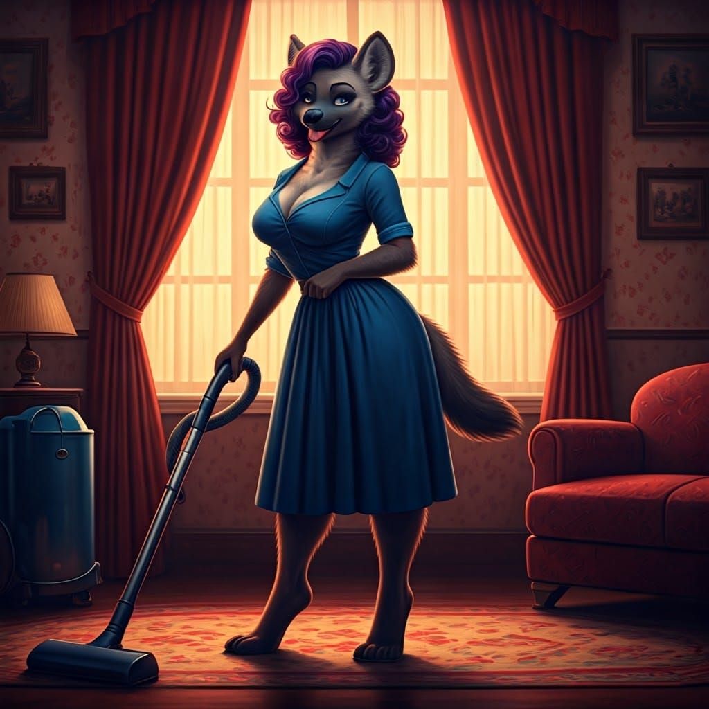 Glamorous Furry She-Hyena Vacuuming 1950s Living Room in Hyp...