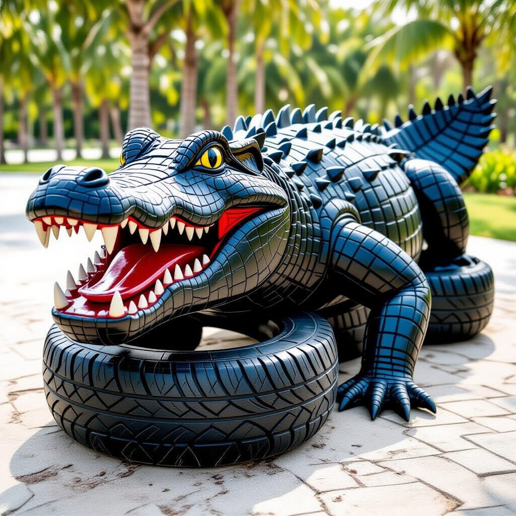 Crocodile Sculpture Art Made from Used Tires
