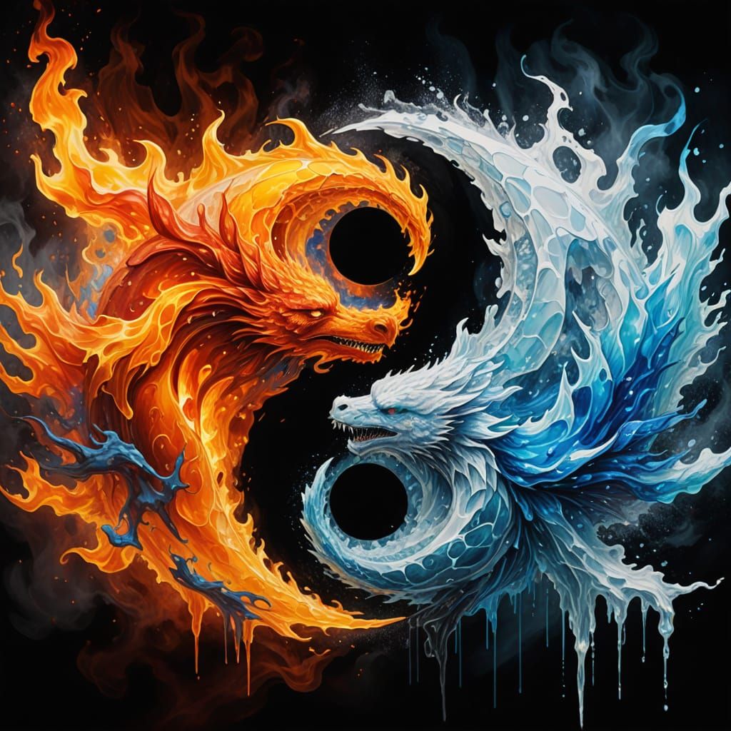 Fire and Ice Yin Yang Clash in Oil Gouache Style