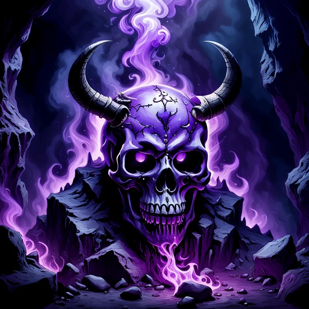 Mystical Purple Skull in Dark Fantasy Cave