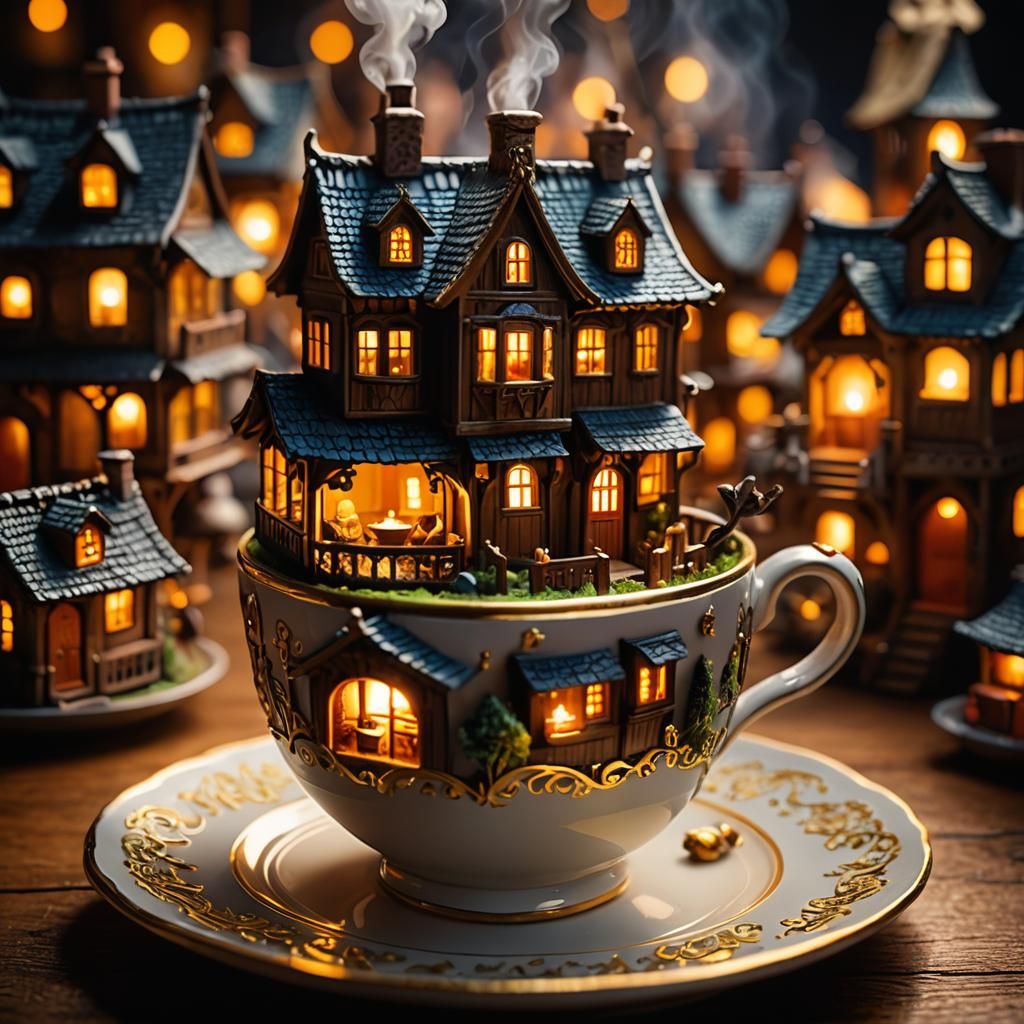 Miniature Village Inside Teacup: Hyper-Realistic 3D Renderin...