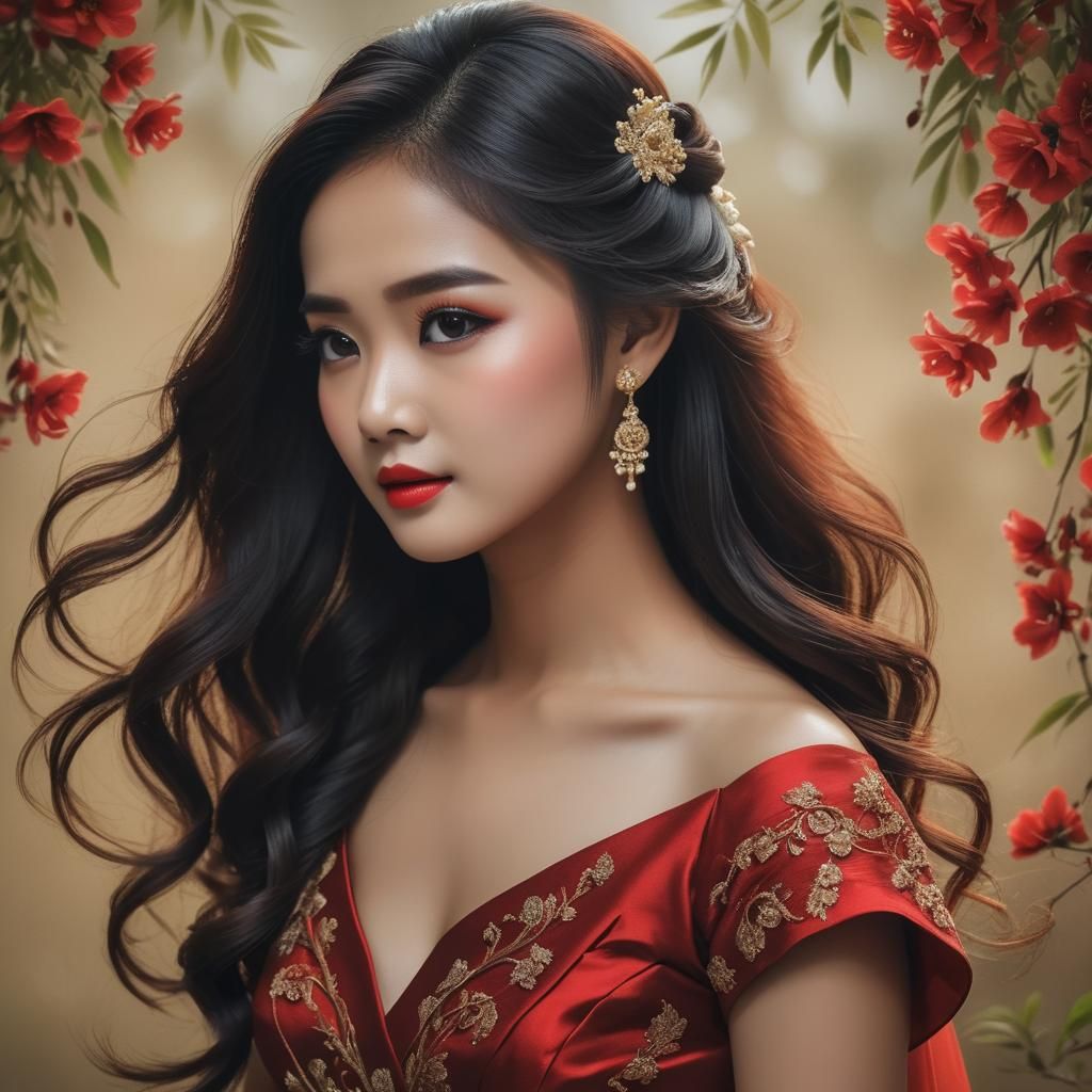 Stunning Portrait of Girl in Red Dress, Realistic Style