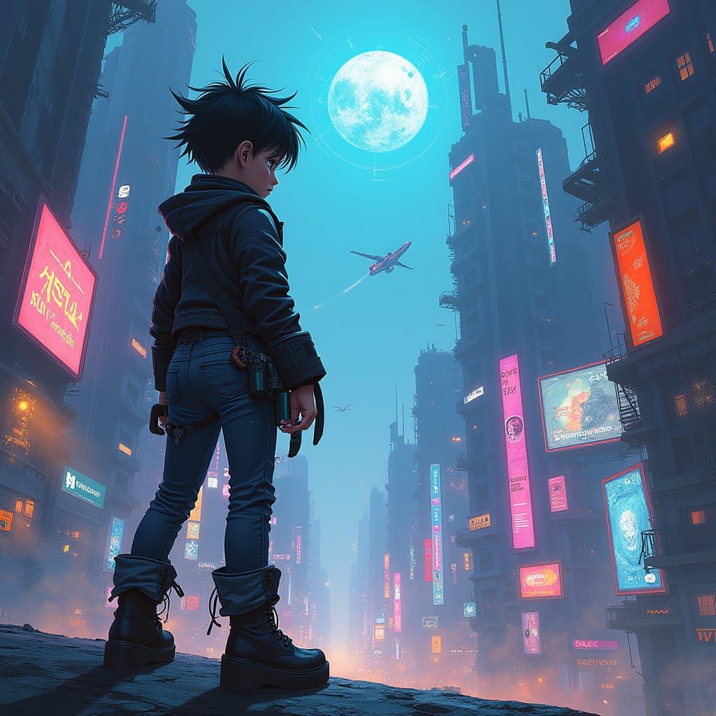 Cyberpunk Girl Gazing Out at Futuristic Cityscape