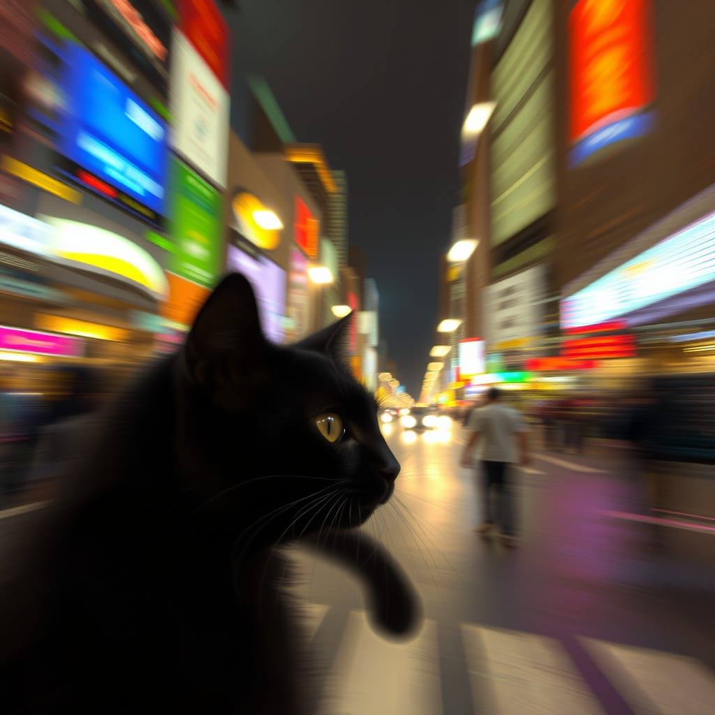Dynamic Black Cat in Vibrant Surreal Cityscape