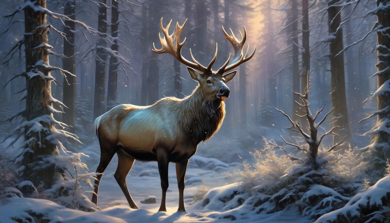 Ethereal Spectral Elk in Misty Winter Forest