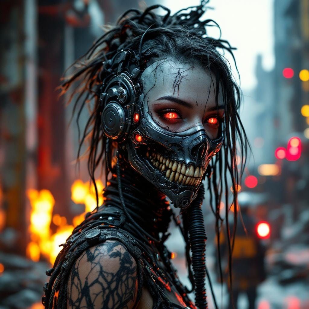 Cyberpunk Drifter with Biomechanical Mask in Dark Fantasy St...