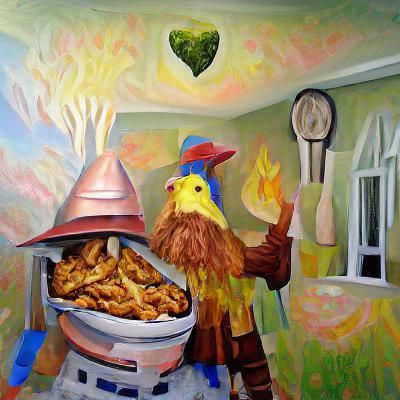 Tom Bombadil Cooking Chicken, Oil on Canvas